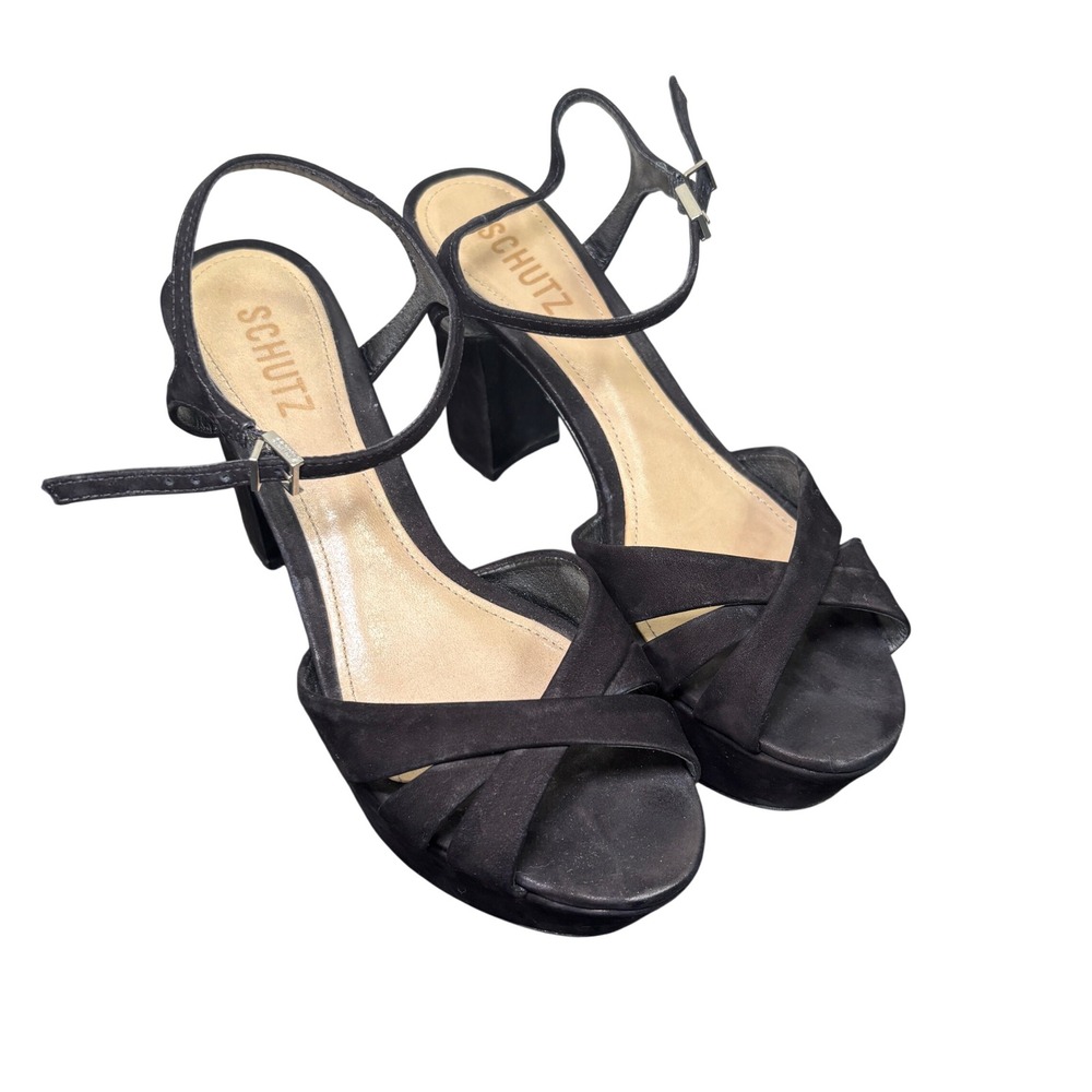 Schutz Keefa Black Suede Platform Crossover Strappy Block Heel Sandals Women 7.5
